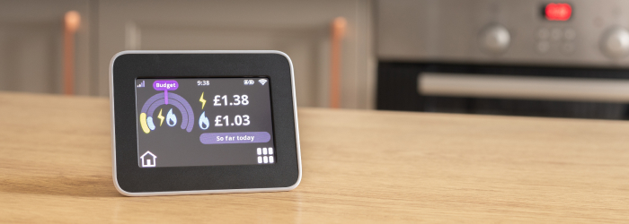 Smart meter display showing daily energy usage and cost in a UK home